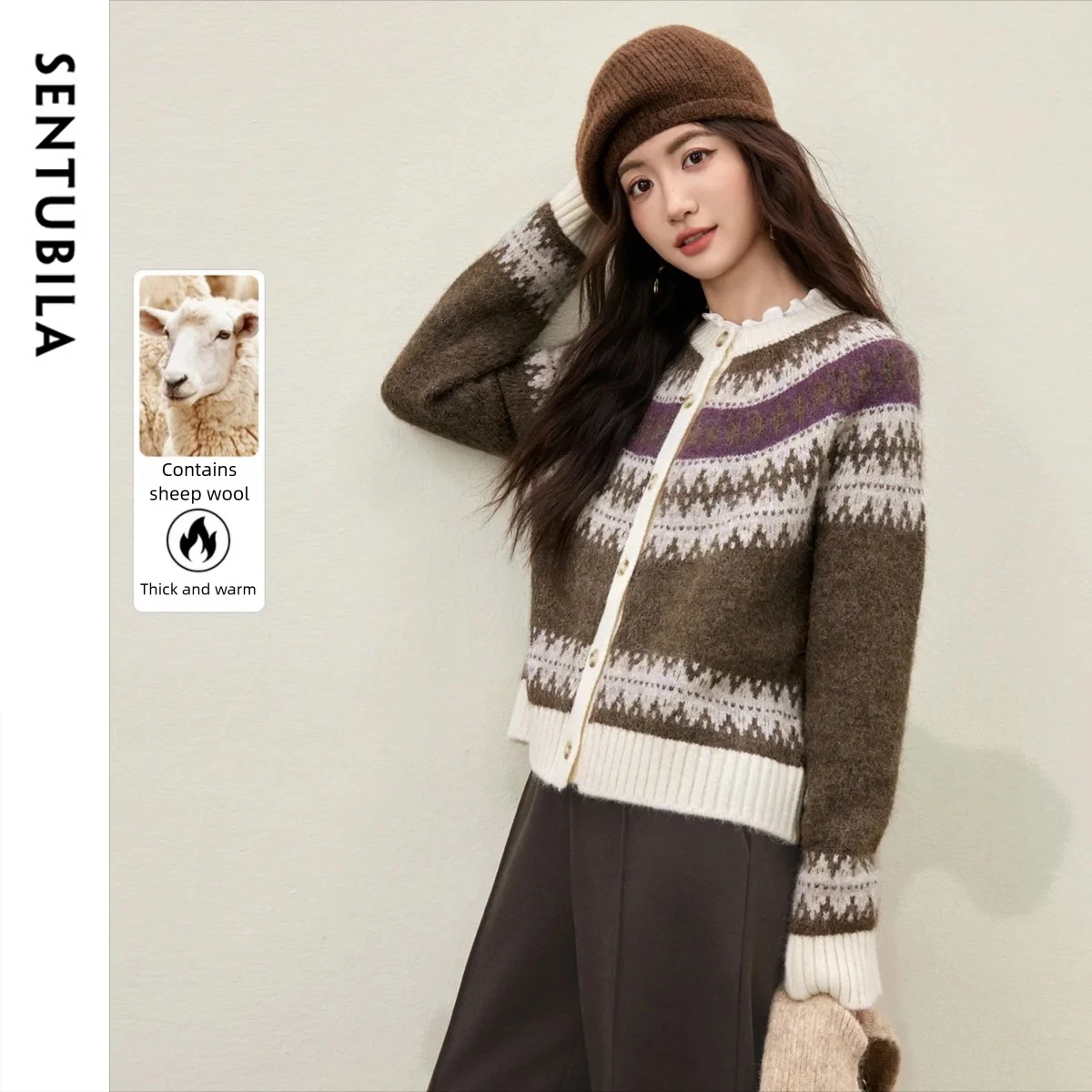 

SENTUBILA винтажный кардиган для женщин, зима 2021, Fair Isle, круглый вырез, толстый теплый трикотаж, женская одежда с длинными рукавами W54EB4826