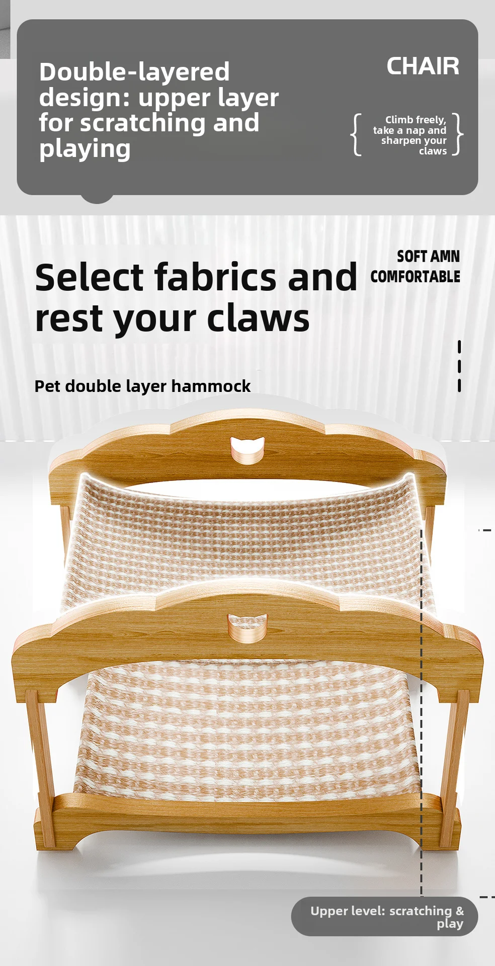Double Layer Cat Bed Mortise Tenon Detachable Easy Assembly Wear-Resistant Elevated Cat Nest Wooden Furniture Breathable Cushion view 6