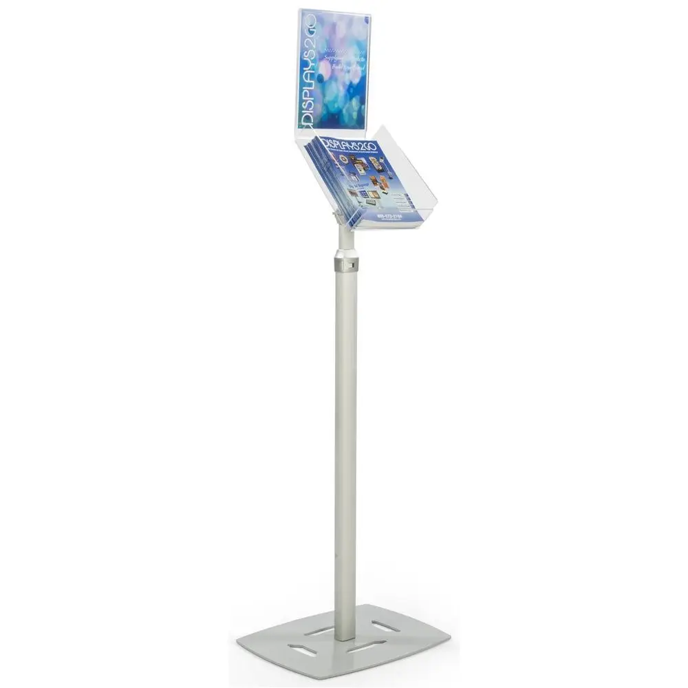 Floor Stand, 8.5 x 11 Inch Magazine Tray, Height Adjustable, with Sign Holder Silver