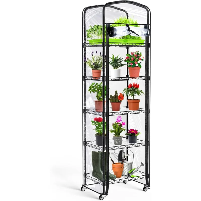 

5-Tier Mini Greenhouse with Caster Wheels, Each Shelf Height Adjustable Metal Plant Shelf with PVC Cover for Seed Starting Trays