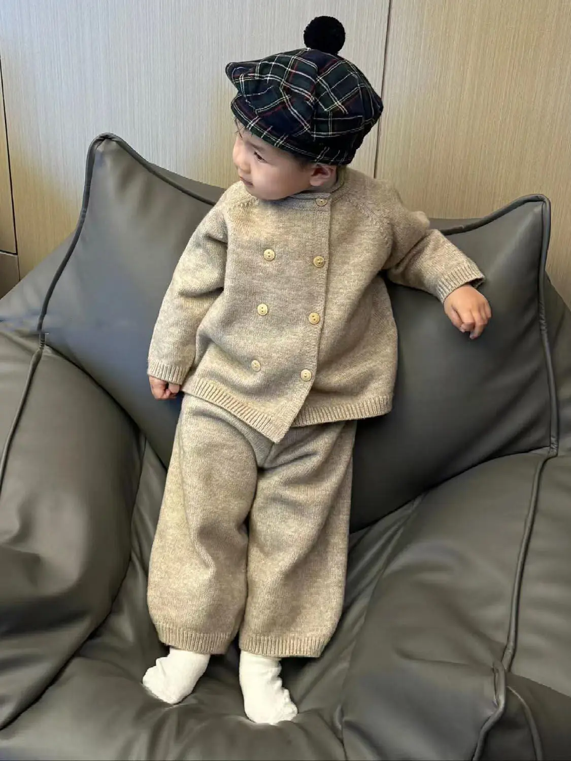 

Kids Knit 2-Piece Set Autumn Winter New Korean Fashion Casual Daily Solid Color Double Breasted Long Sleeve Top + Loose Pants