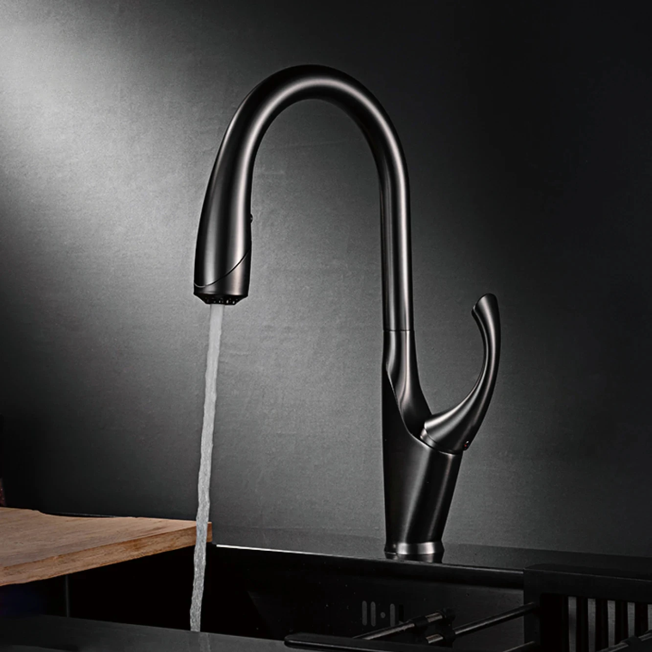 High end touch black kitchen faucet brass pull out design three function single handle cold and hot dual control sink faucet
