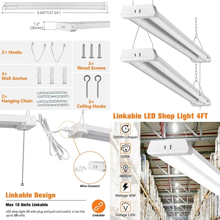 4FT Linkable LED Shop Light for Garages, 42W 4800LM 5000K Daylight Led Shop Lights, Ceiling Light with Pull Chain ON/Off,Linear