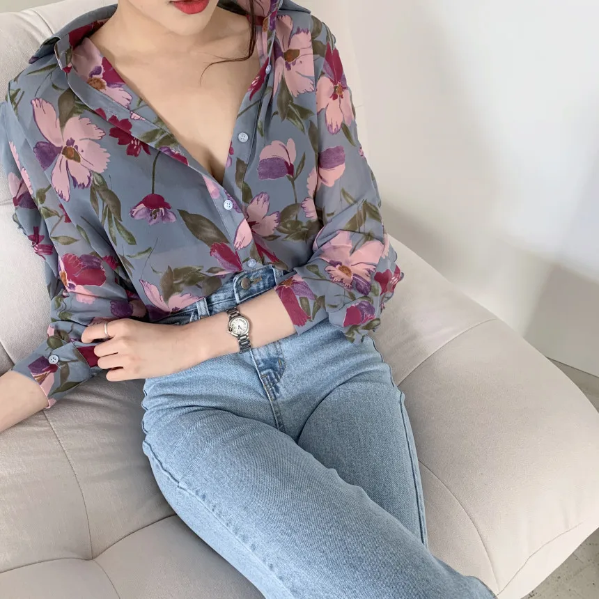 2024 Women\'s Fashion Floral Print V-Neck Long Sleeve Chiffon Shirt Blouse Office Button Luxury Shirt Vintage Tops Tunics S-2XL