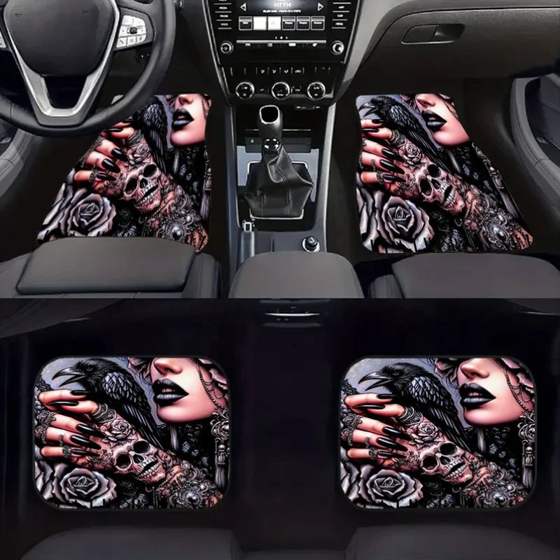Set Of Four Car Floor Mats Featuring A Skull Rose Design, Made From Crystal Velvet With Anti-Slip Properties. This Universal Set