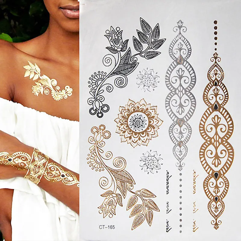 1pcs New Metallic Gold Silver Body Art Temporary Tattoo Sexy Non-Toxic Flash Tattoos Sticker For Women tattoo