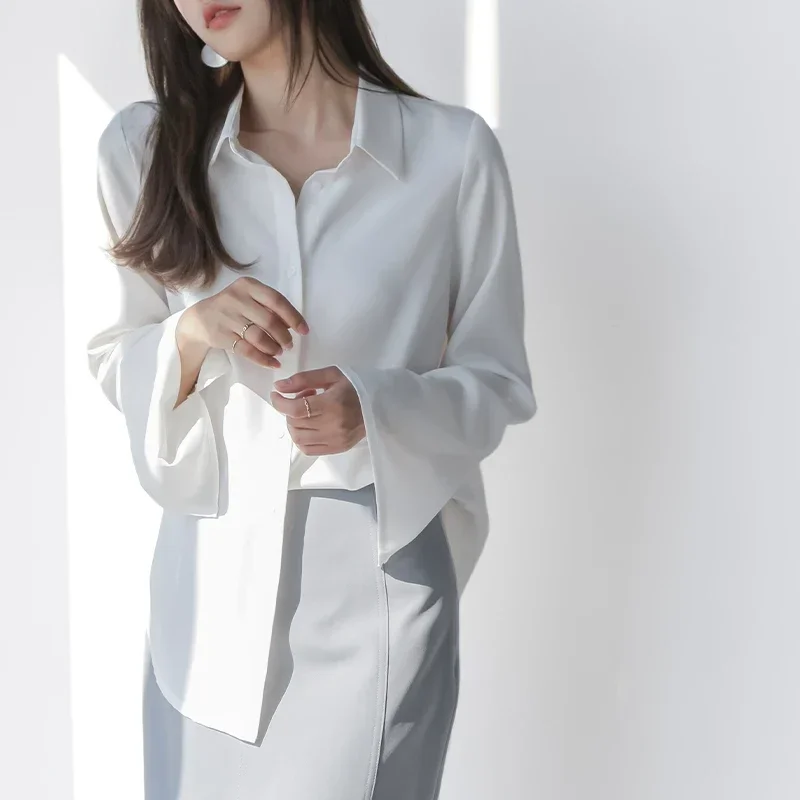 

Women Chiffon Blouse Fashion Solid Long Flare Sleeve Ol Office Lady Work Top Shirts V-neck White Shirt Elegant Female Clothes