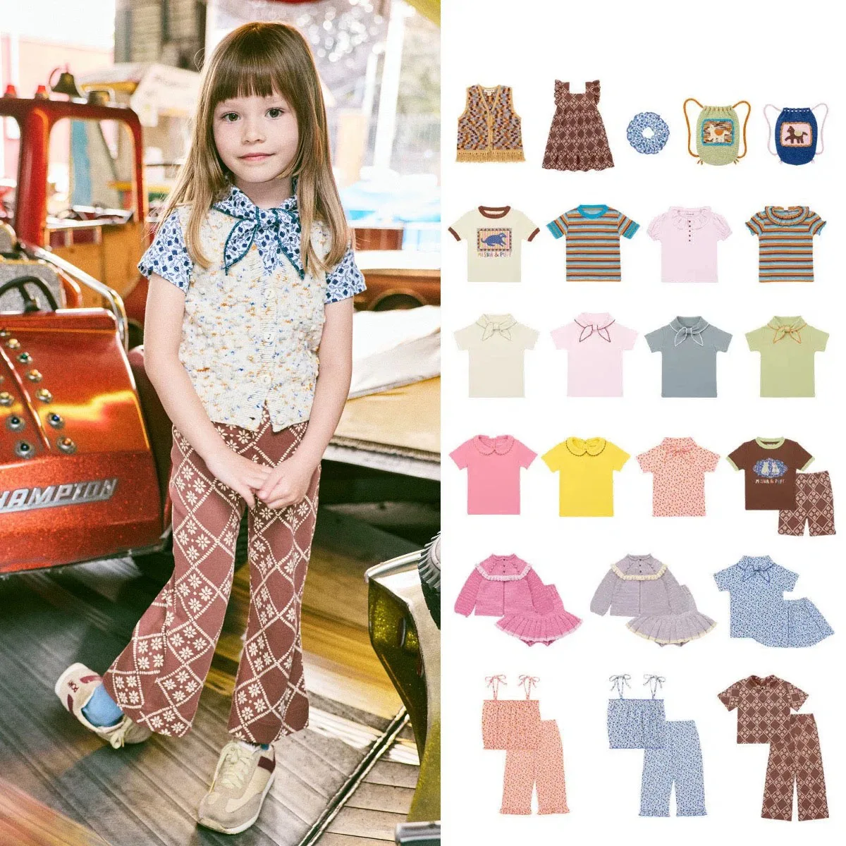 2026 Summer New MP Kids Cotton Short Sleeve T-shirt Set, Girl Bowknot Top+Skirt Boy Tees+Shorts Casual Knit Outfits