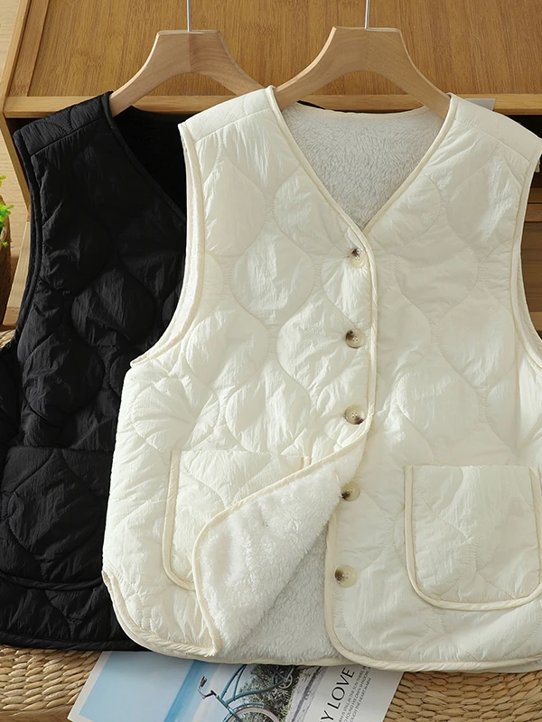 

Autumn Winter Double-Sided Wear Lamb Fur Cotton Vest Women's Warmth Insulated Svel Jaet Thiened V-Ne Single Button