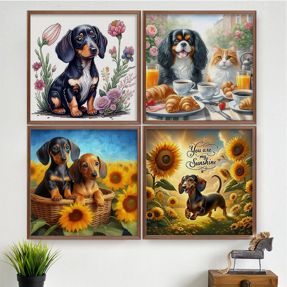 

4pcs Dachshund Printed Cross Stitch Kit 40x40cm DIY 11CT Thread Art Needlework