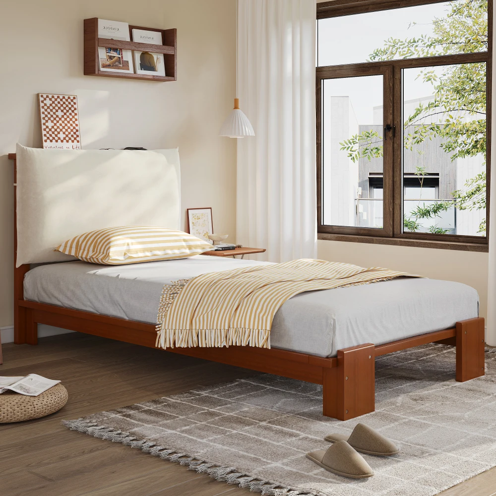 PINGGO Dunkelbraunes Polsterbett Einzelbett 90x200cm Samt-Kopfteil Stabiler Lattenrost Verbreiterte Beine Ohne Matratze – Detail 6