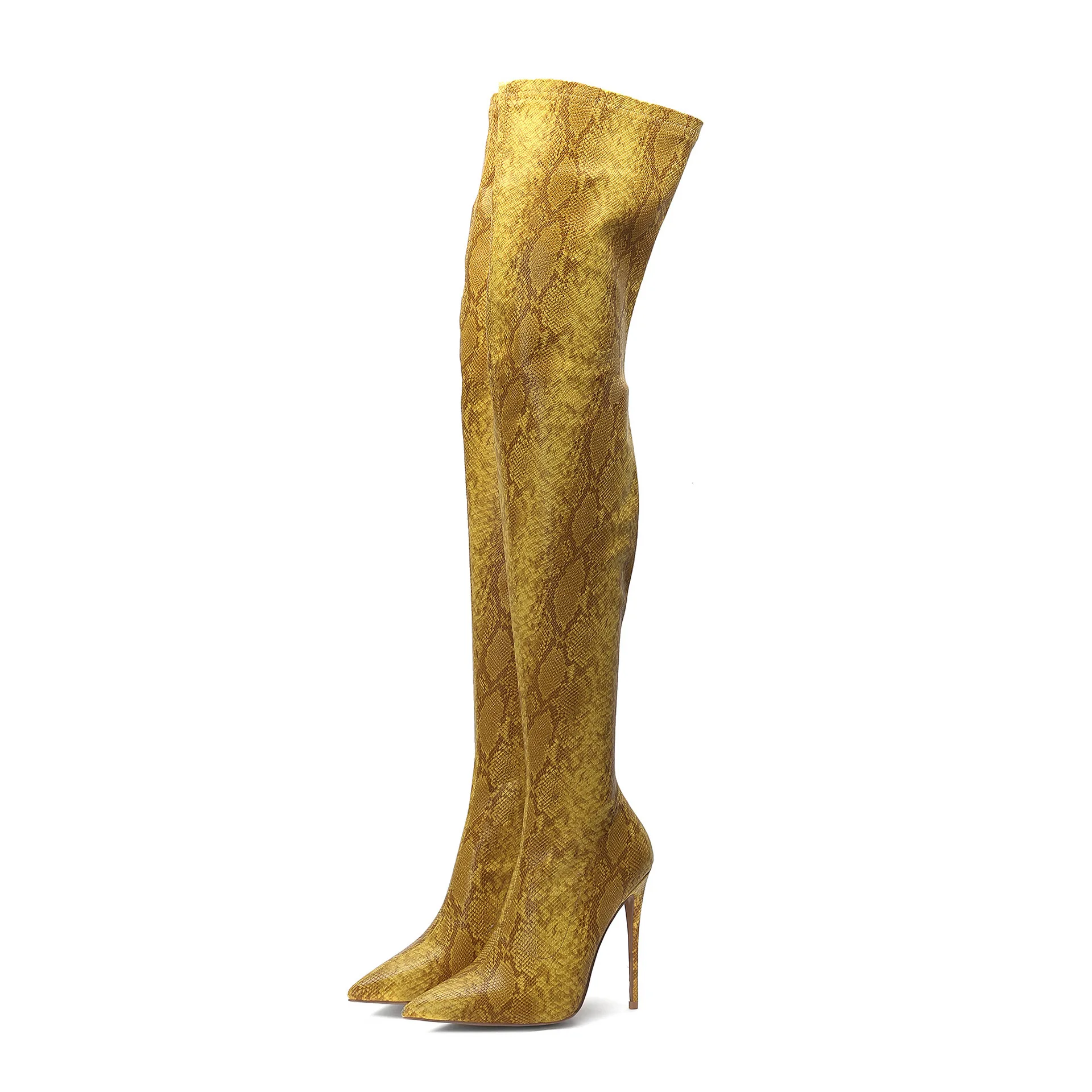 Women Snake Print Over The Knee Boots Pointed Toe Stiletto Slim Pull On Autumn Winter Nightclub Party Fashion Sexy Long Boots