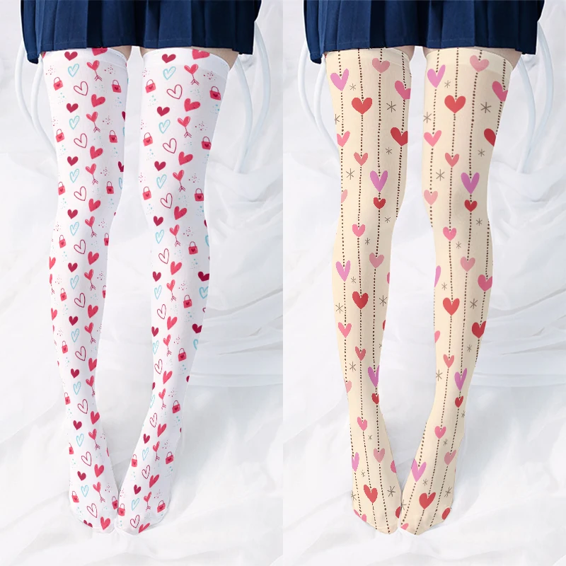 New Women Long Stockings Harajuku Fashion Seven Color Love Print Velvet Calf Socks Lolita JK Girls Stockings Kawaii  Pink Sweet