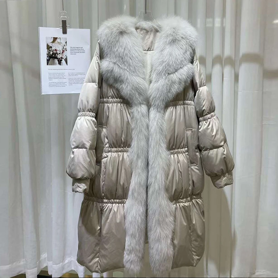 Winter Puffer Jacket Real Fox Fur Collar Long Goose Down Jacket Women Luxury Warm Down Fur Coat