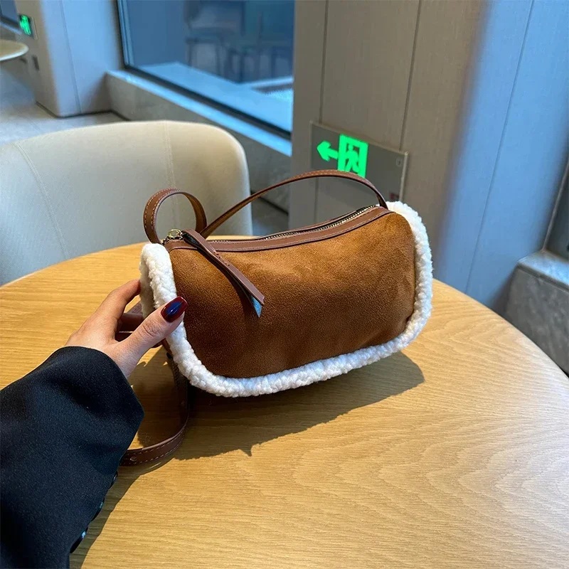 High Quality Suede Zippered Women's Crossbody Bag with Simple Contrasting Color Velvet Edge Women's Shoulder Bag 여자 가방