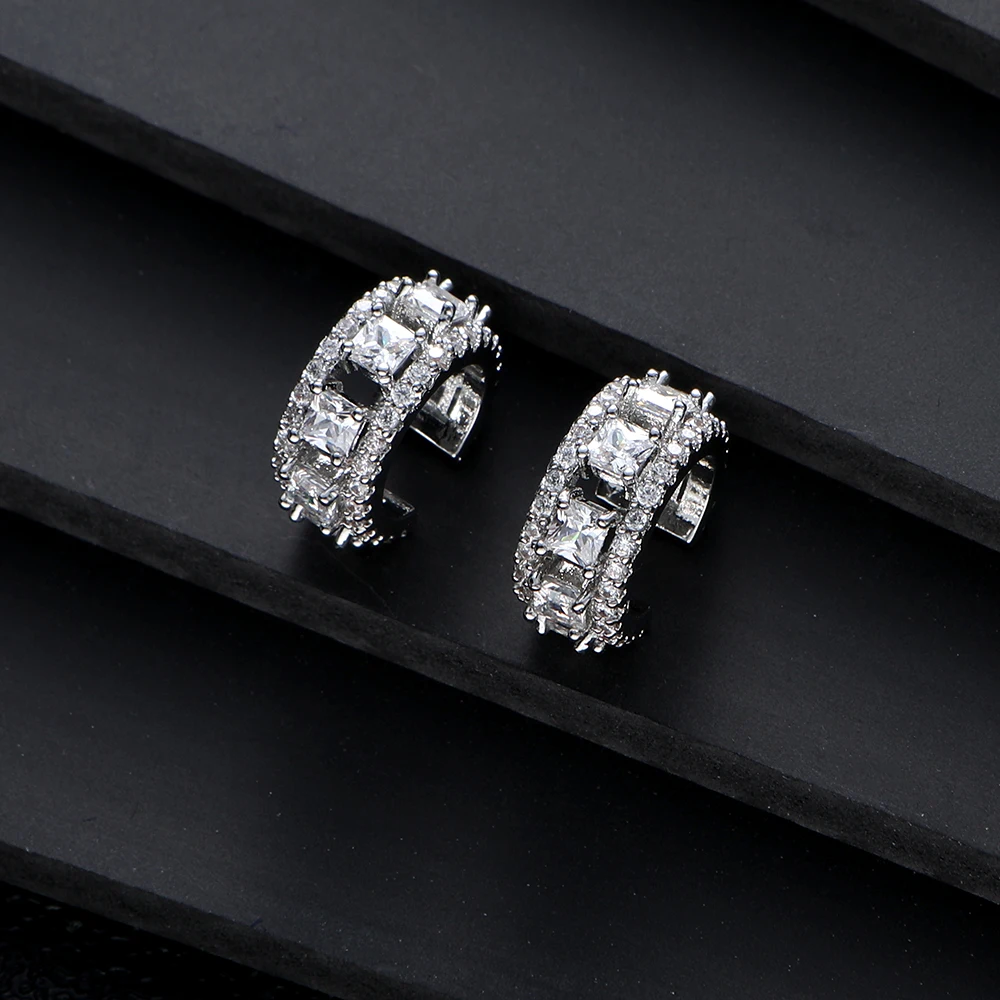 Luxury Hollow Out Square Clip Earring Cubic Zirconia Of Geometry-Jewelry Trend Ear Bone Cuff Earring No Ear Hole E1084