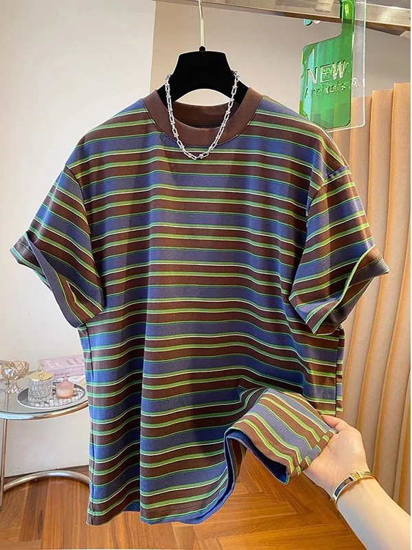 Plus size 300 libras americano retro t manga curta cseta fena verão casual solto bloco de cores meia manga topo