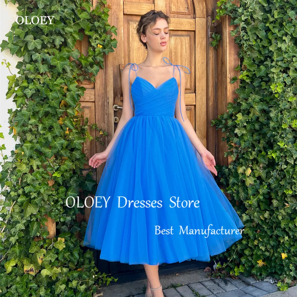 

OLOEY Modern Style Blue Evening Dress V-Neck Bow Tea-length Tulle Elegant Party Dresses 2024 Prom Dress Summer Dress