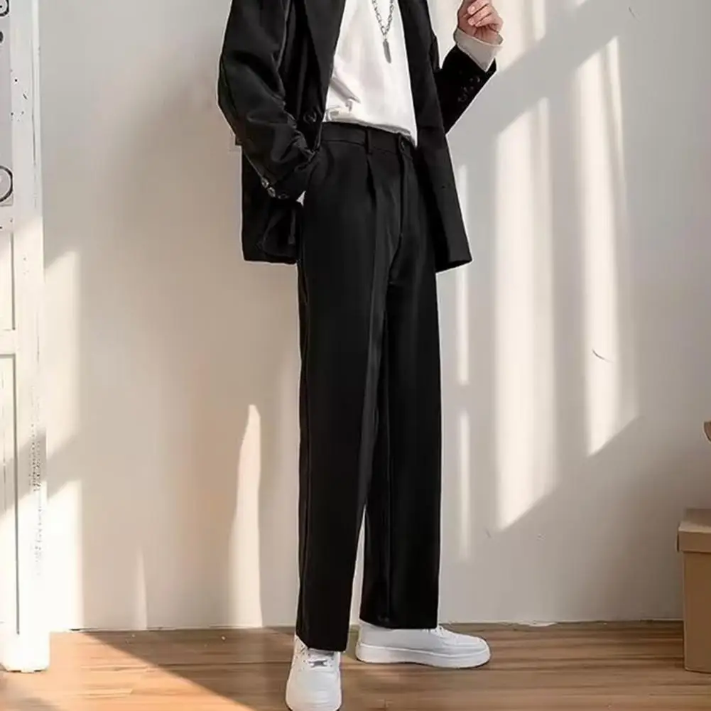 Men Pants Elegant Men's Wide Leg Suit Pants with Side Pockets Formal Business Style Trousers with Elastic Waistband Button