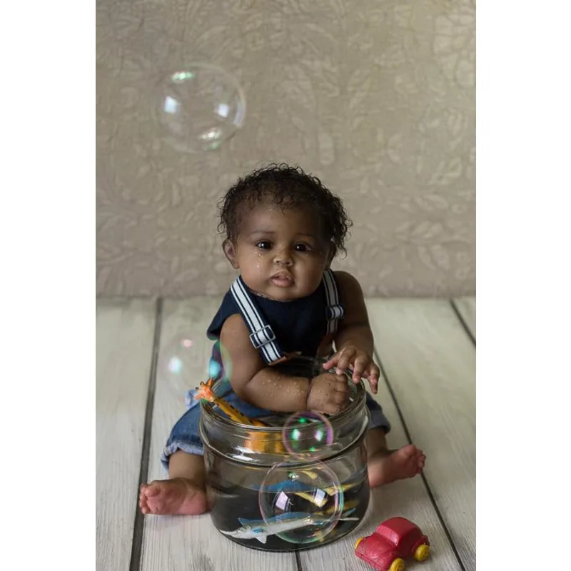 

20 Inch Reborn Kit Gannett with Brown Eyes Dark Skin Curly Hair Unfinished Doll Parts with Body Cloth
