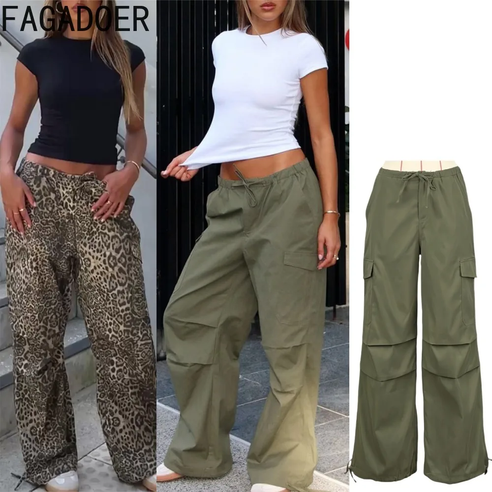 FAGADOER Y2K Fashion Low Waist Wide Baggy Pants Legs for Woman Solid Color Cargo Pocket Long Pants Female Streetwear Bottoms New