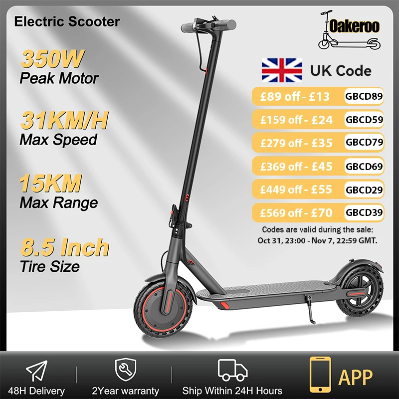 Oakeroo Electric Scooter 31KM/H Speed 15KM Long Range 8.5Inch Solid Tires Foldable Smart APP EScooter