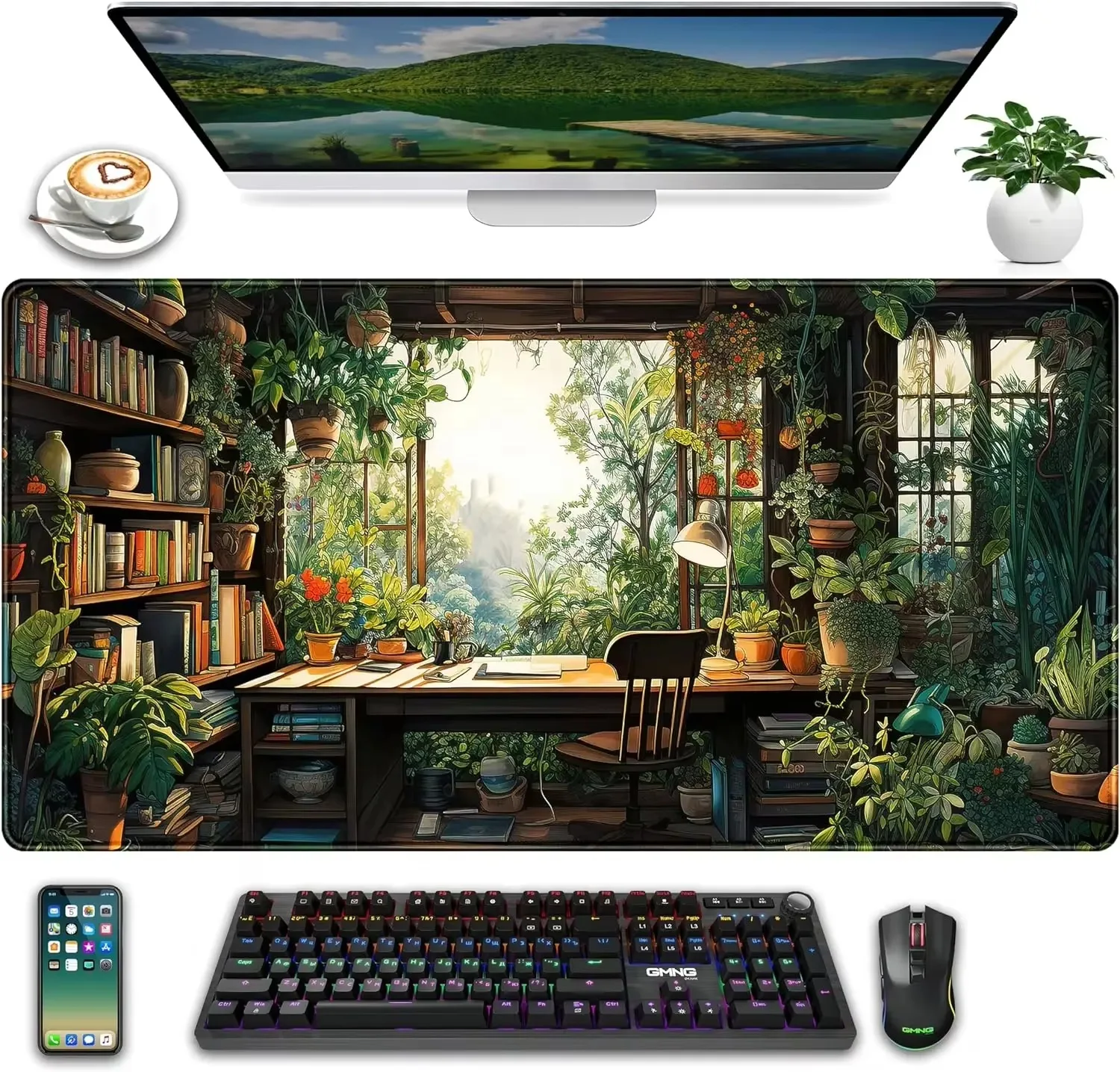 Anime dark green plant table mat mouse pad XXL large extended game computer pc suitable for women office decoration accessories