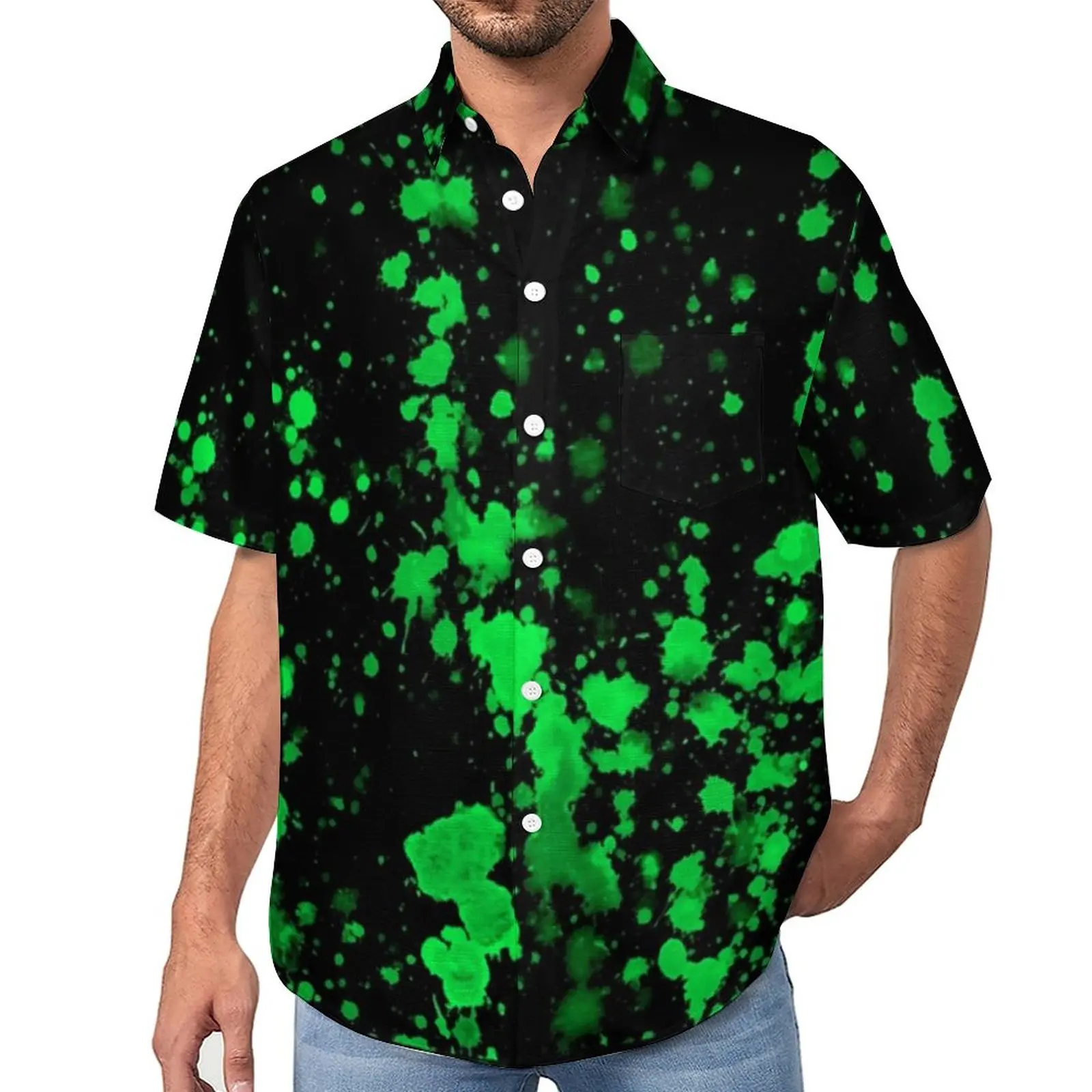 

Green Neon Paint Splatter Vacation Shirt Abstract Graffiti Hawaiian Casual Shirts Vintage Blouses Short Sleeve Clothes Plus Size