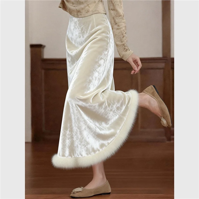 Spring Fall Women Elegant Fur Patchwork Beige Velvet Skirt , Woman Fashion Thick Warm Trumpet Velour Skirts