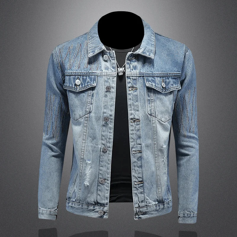 

Fashionable Retro Men's Denim Jacket Spring Autumn Slim Fit Motorcycle Style Breathable Cotton Youth Popular Outerwear