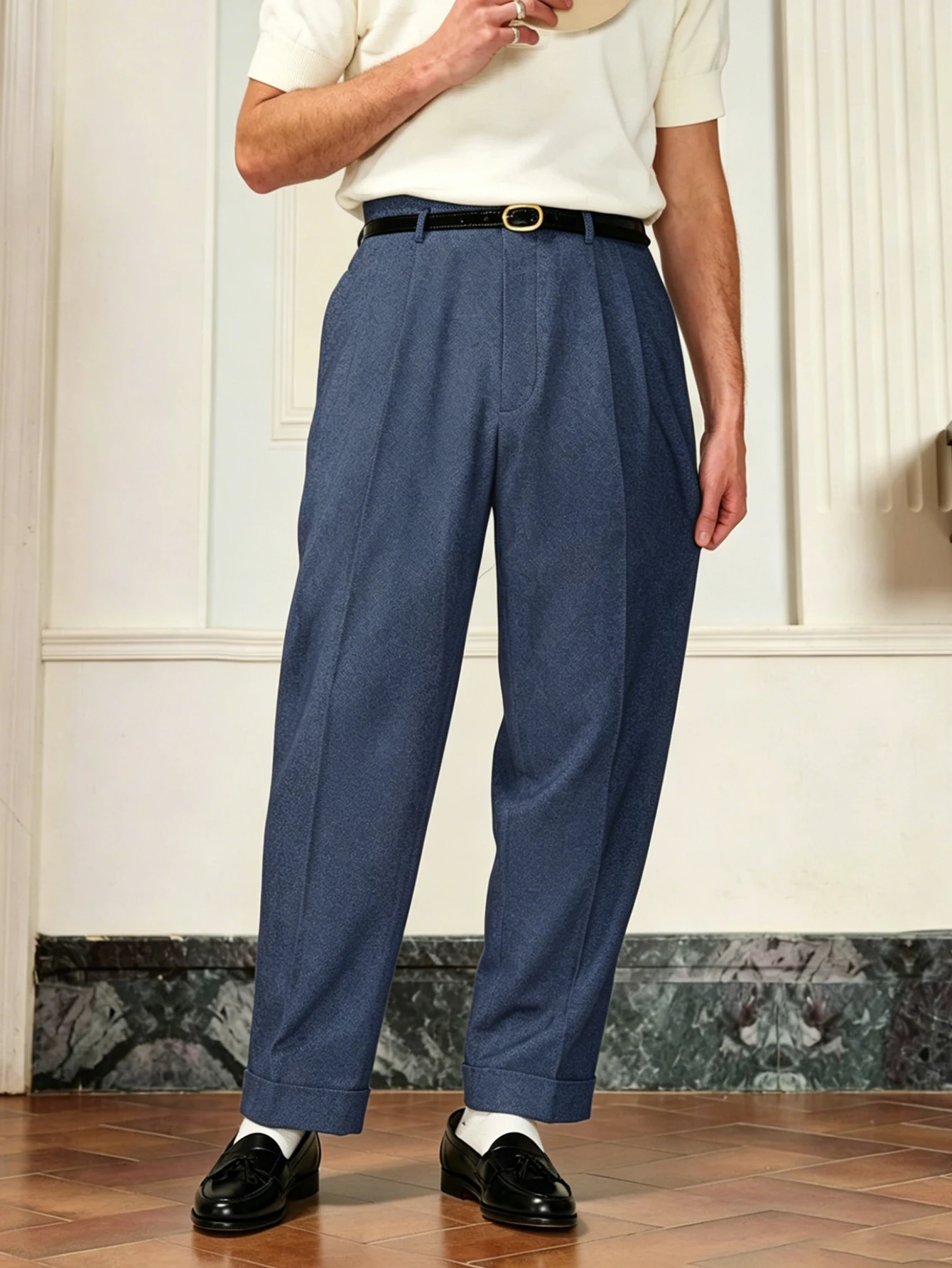 

2026 SS Men Formal Commuter Pants Solid Color Pleated Button Design Straight Fit Stretch Suit Trousers Without Belt