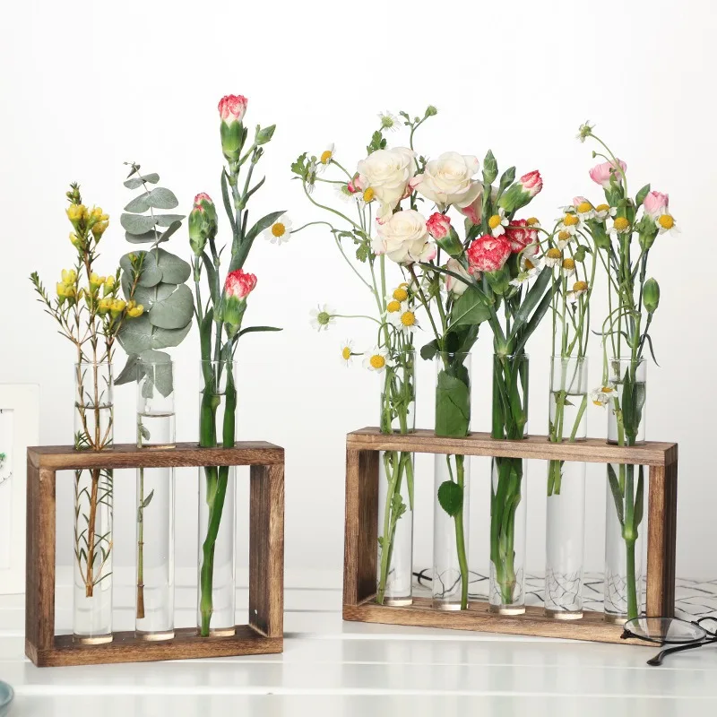 

5-Tube Glass Hydroponic Planter with Wooden Stand, Self-Watering Wall/Desktop Plant Vase for Indoor Herb Garden, Unique Gift for