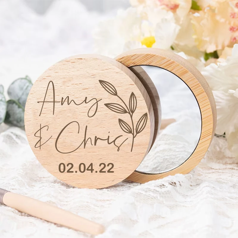 Personalised Wooden Pocket Mirror Engraved Portable Wood Round Makeup Mirrors Guest Wedding Favors Custom Baptism Gift