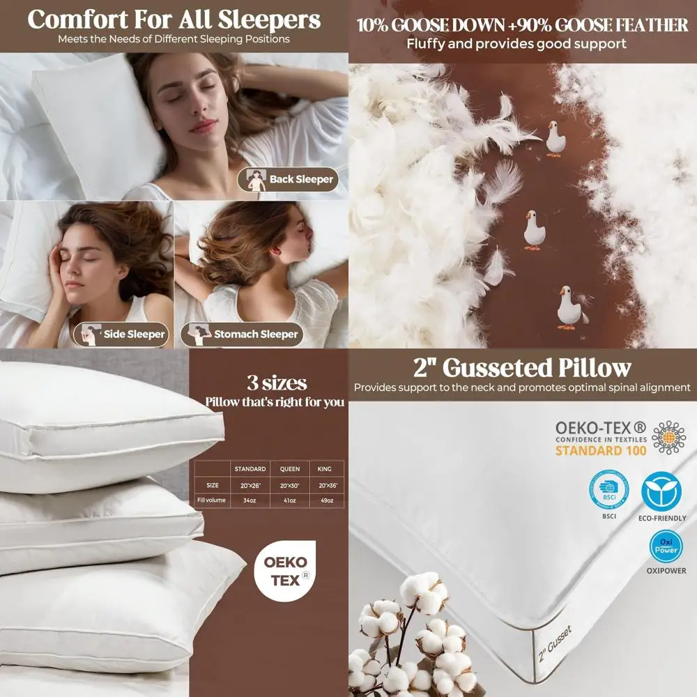 

Комплект из 2 подушек King Size, 100% хлопок, пуховые подушки с боковыми вставками для комфортного сна