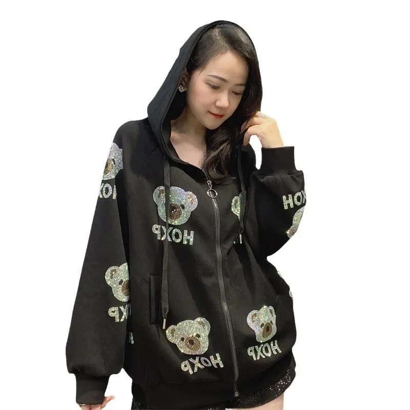 2024 Cute Bear Hot Drilling Women Sweatshirt 2024 Spring Autumn Hooded Zip Cardigans Coat Trendy Loose Casual Hoodie Streetwear