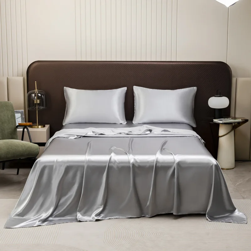 Luxury Satin Flat Sheet and Pillowcase Set Solid Color Soft Silky Flat Bed Sheet for Bedroom Full Queen King Size Bedding Sets