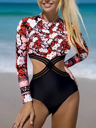 2026 Surf Swimsuit Long Sleeve Floral Printed Swimwear Women Zipper One Piece Rash Guard Diving Clothes Bathing Swimming Suit