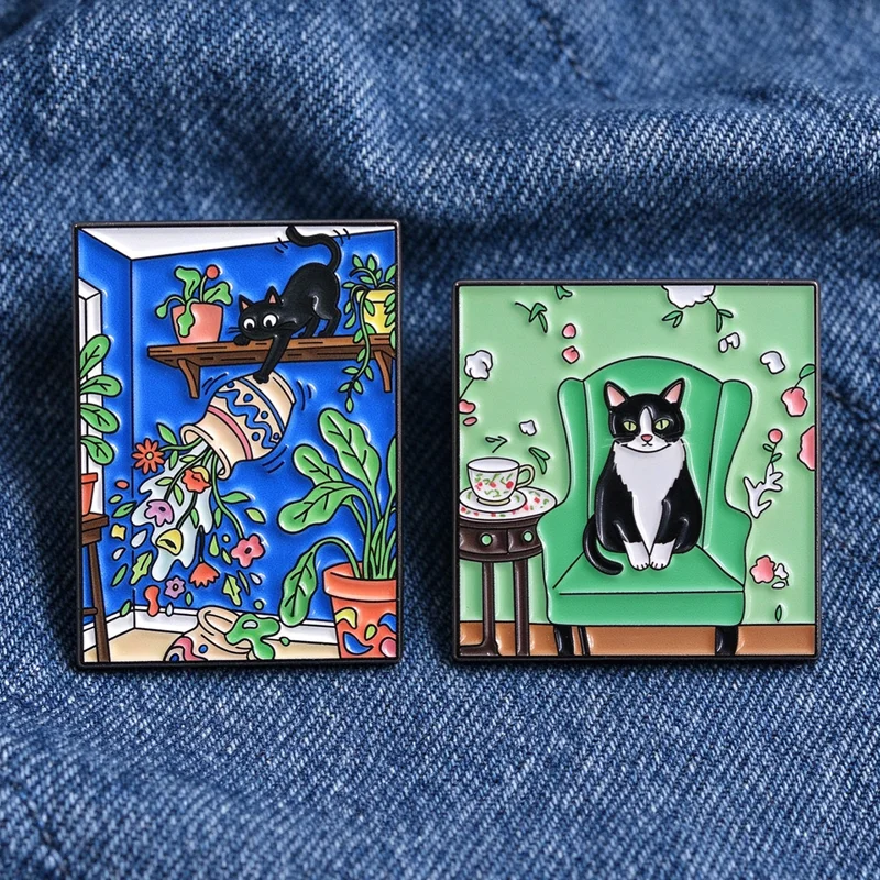 Funny Tuxedo Cat Enamel Pin Vintage Folk Art Style Cat On Green Armchair Brooch Cute Kitten Tea Time Badge For Cat Lovers Gift