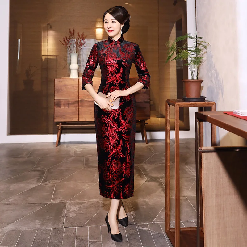 

qipao woman autumn winter luxury long sleeve traditional purple red black elegant china plus sizes velvet loose dress cheongsam