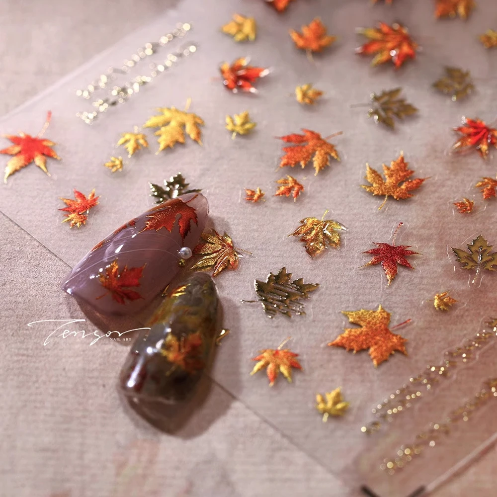 1Pc 5D Thanksgiving Bronzing Maple Leaf Nail Art Stickers 8*10cm Relief Jelly Leaf Nail Decal DIY Autumn Stereo Leaf Nail Slider
