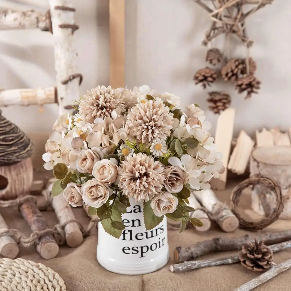 1PC Artificial Flowers Wedding Home Bedroom Decoration Bridal Bouquet Garden Fake Silk Roses Hydrangeas Vase for Board Outdoors - Image 6