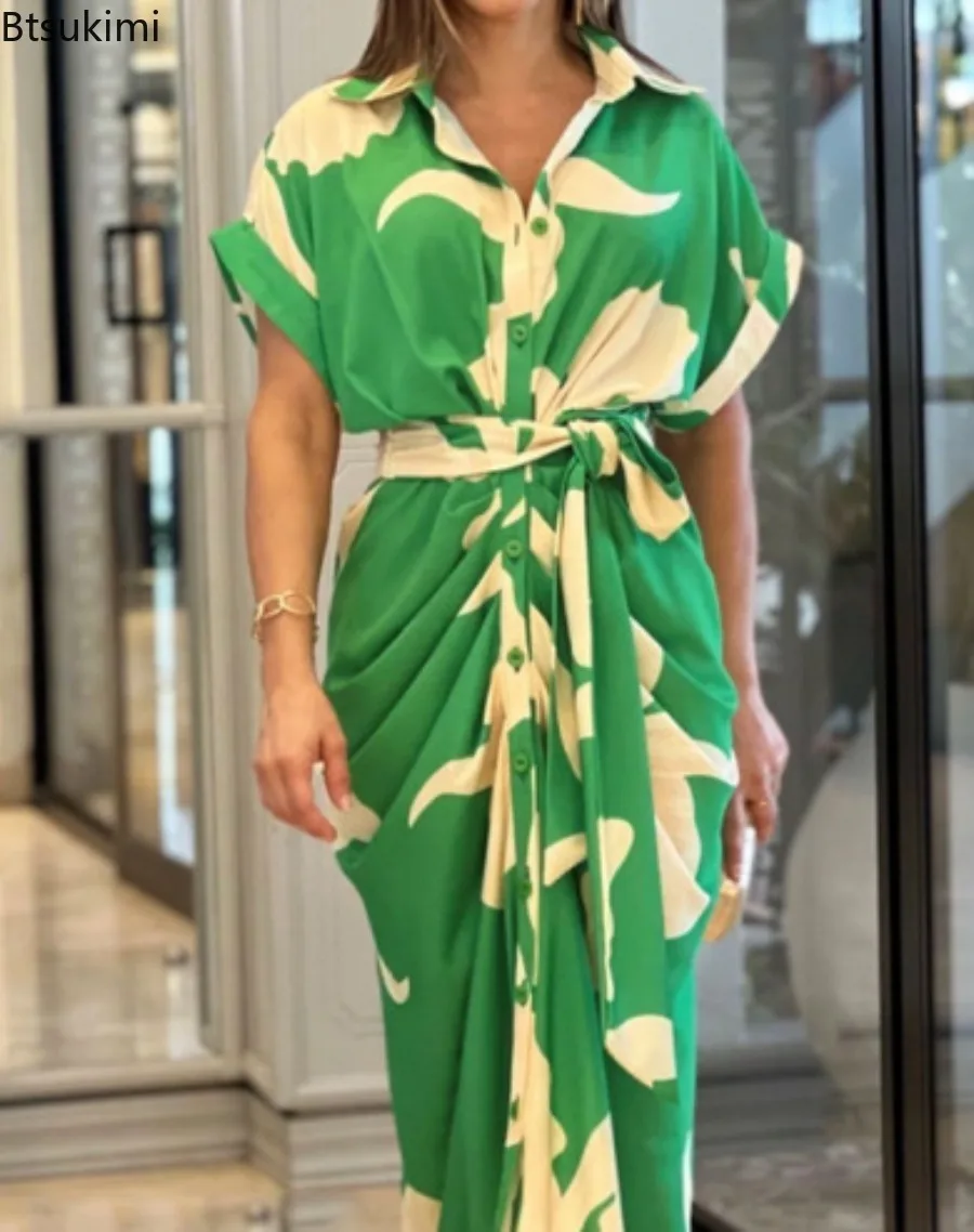 Neue Frauen Hohe Taille Hemd Kleid 2025, Sommer Klassische Feste Dünne Kurzarm Kleid Weibliche Modische Casual Büro Lange Skir