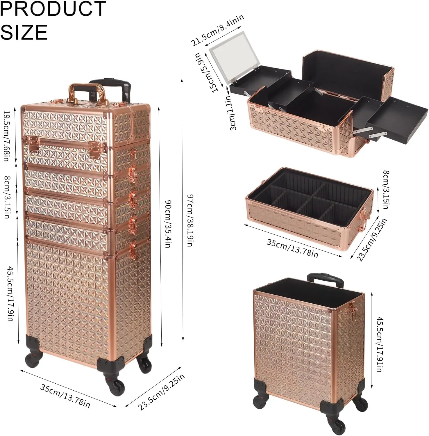 Professional Rolling Makeup Train Case Large Cosmetic Organizer With Mirror And Security Lock, Multi Layer Detachable Travel Storage Box For Cosmetologists Hairstylists And Nail Artists, Gold Holographic view 3