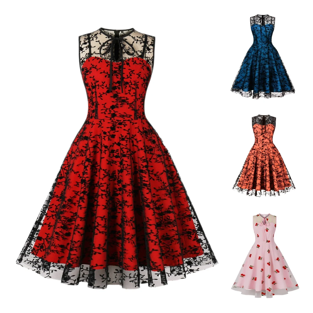 

Women Vintage O Neck Short Dresses Mesh Bow Embroidery Swing A Line Dress Elegant Luxury Mesh Slim Tea Party Costume