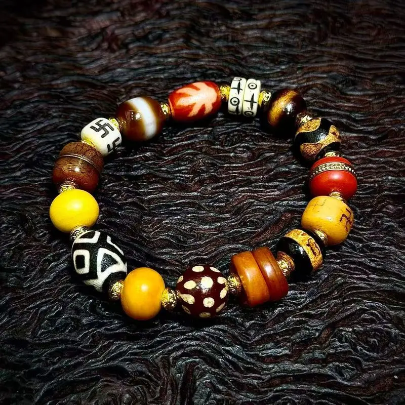 Tibetan natural authentic old mine raw agate Medicine Tiger Tooth Vajra Three-Eyed Multi-Treasure Dzi Bead Bracelet