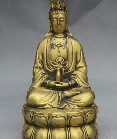 China Buddhism Bronze Vase Kwan-yin Guanyin Buddha Goddess Seat Lotus Statue