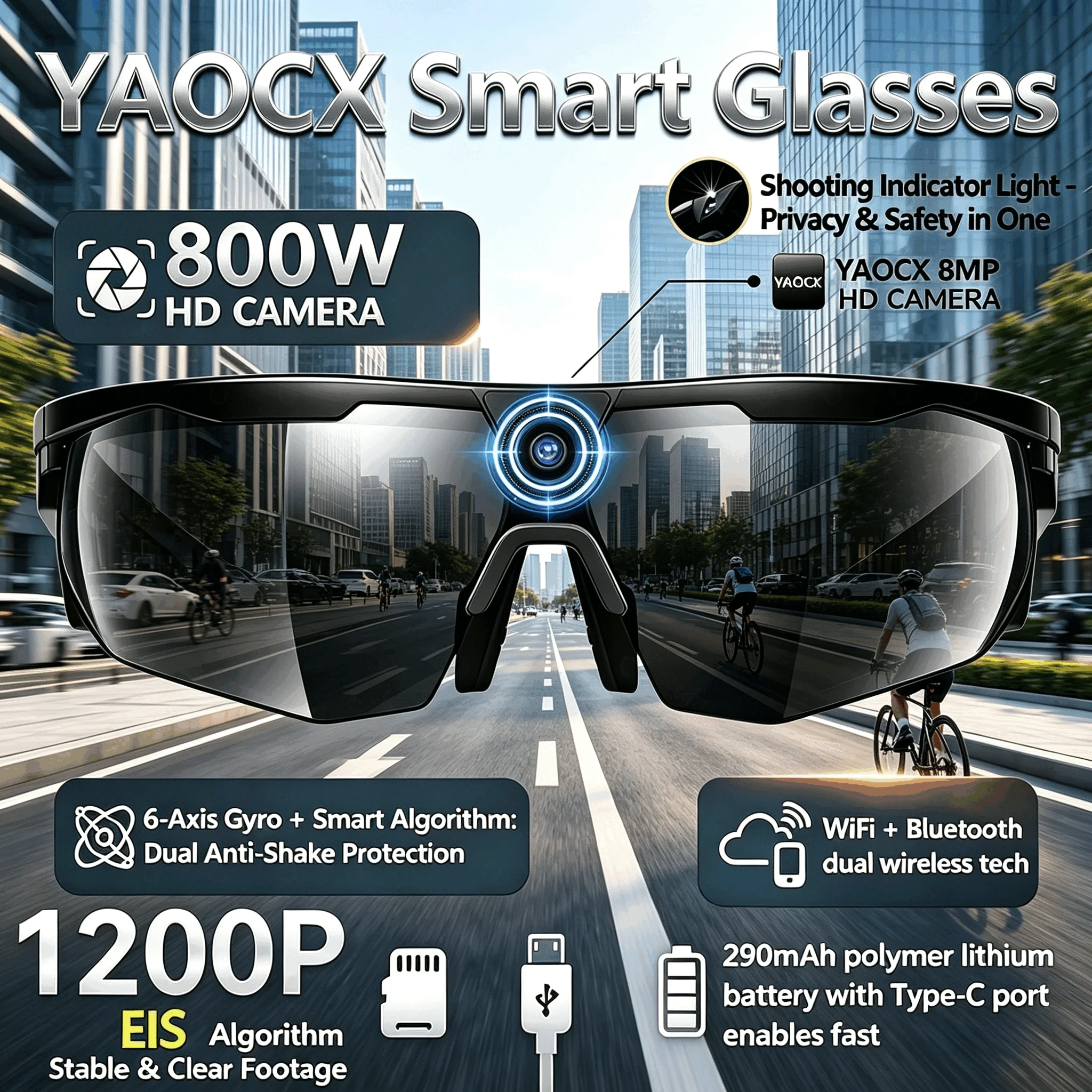 

2026 New Cycling Smart Glasses AI Smart Voice Anti-shake Shooting 800W HD Camera Smart Translation IP66 Dust Wate Smart Glasses