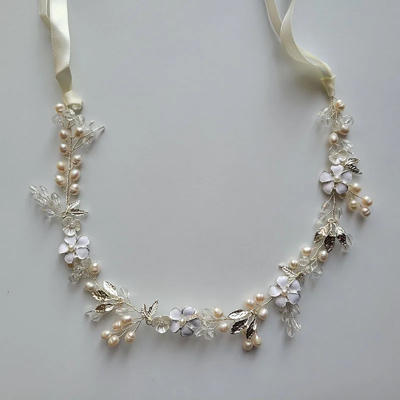 SLBRIDAL Handmade Crystals Freshwater Pearls Flower Leaf Bridal Headband Hair Vine Bridal Hair accessories Women Girls Jewelry