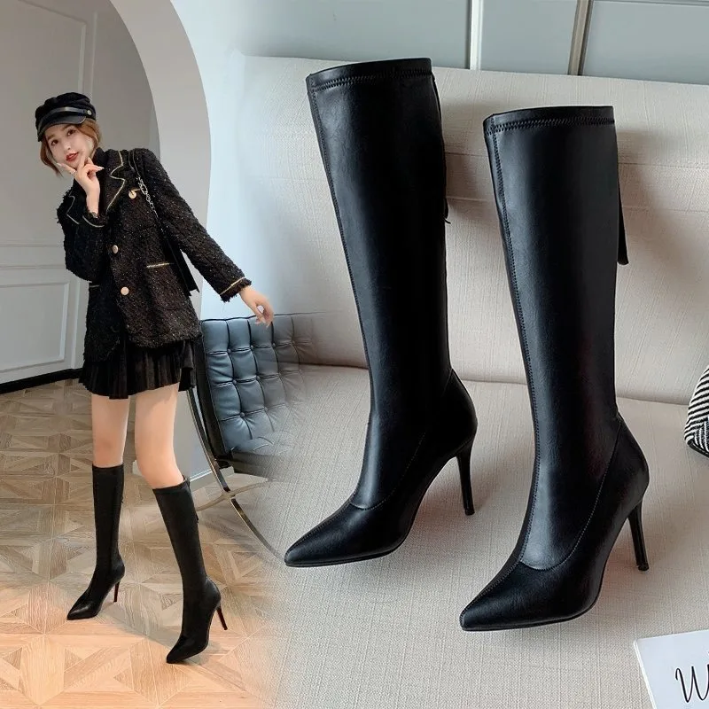 

Black Leather Women Knee-High Boots Sexy 8cm Thin Heels British Style Boots Fashion Pointed Toe Rear Zipper Velvet Women Shoes