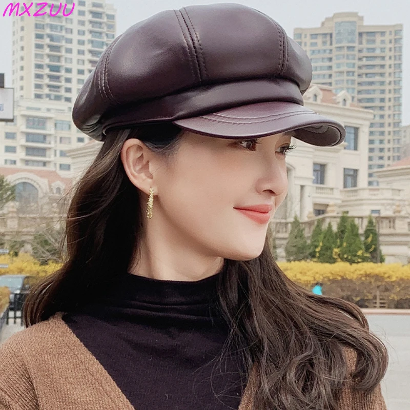 

Women Real Sheepskin Peaked Caps Fashion Literary Berets Newsboy Painter Octagonal Hats British Retro All-match Casquette Femme